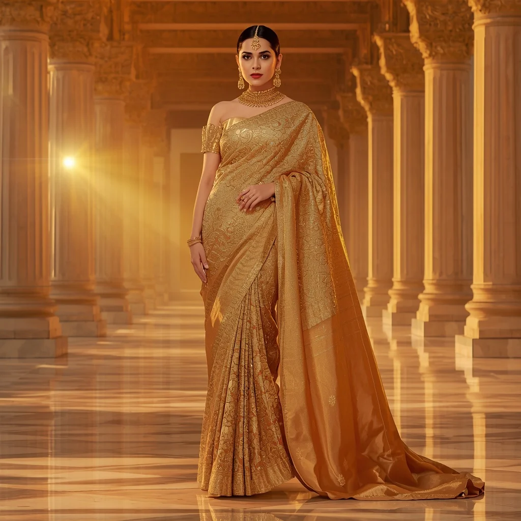 Golden Mirage Solar Zenithflare Saree – Heavy Festival Saree with Regal Pose and Solar Zenithflare Temple Background | Prompt Seen Girl Photo Editing Trending
