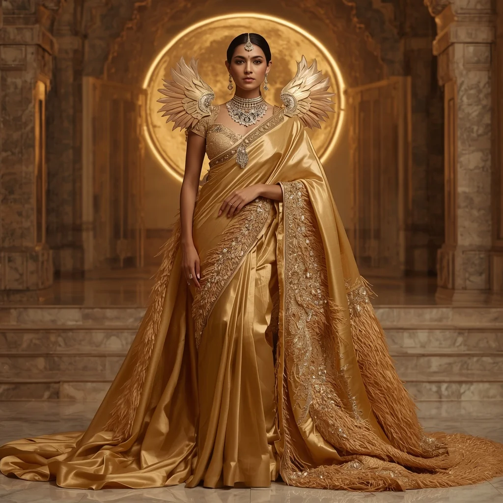 Golden Moon Phoenix Saree – Heavy Royal Designer Saree with Throne Pose and Moon Phoenix Temple Background | New Instagram Trend Prompt For Girl Aesthetic