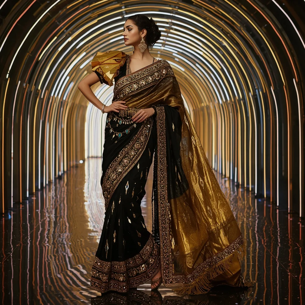 Golden Obsidian Royale Saree with Curved Laser Infinity Sanctuary | ChatGPT Photo Editing Prompts Trending Instagram For Girl