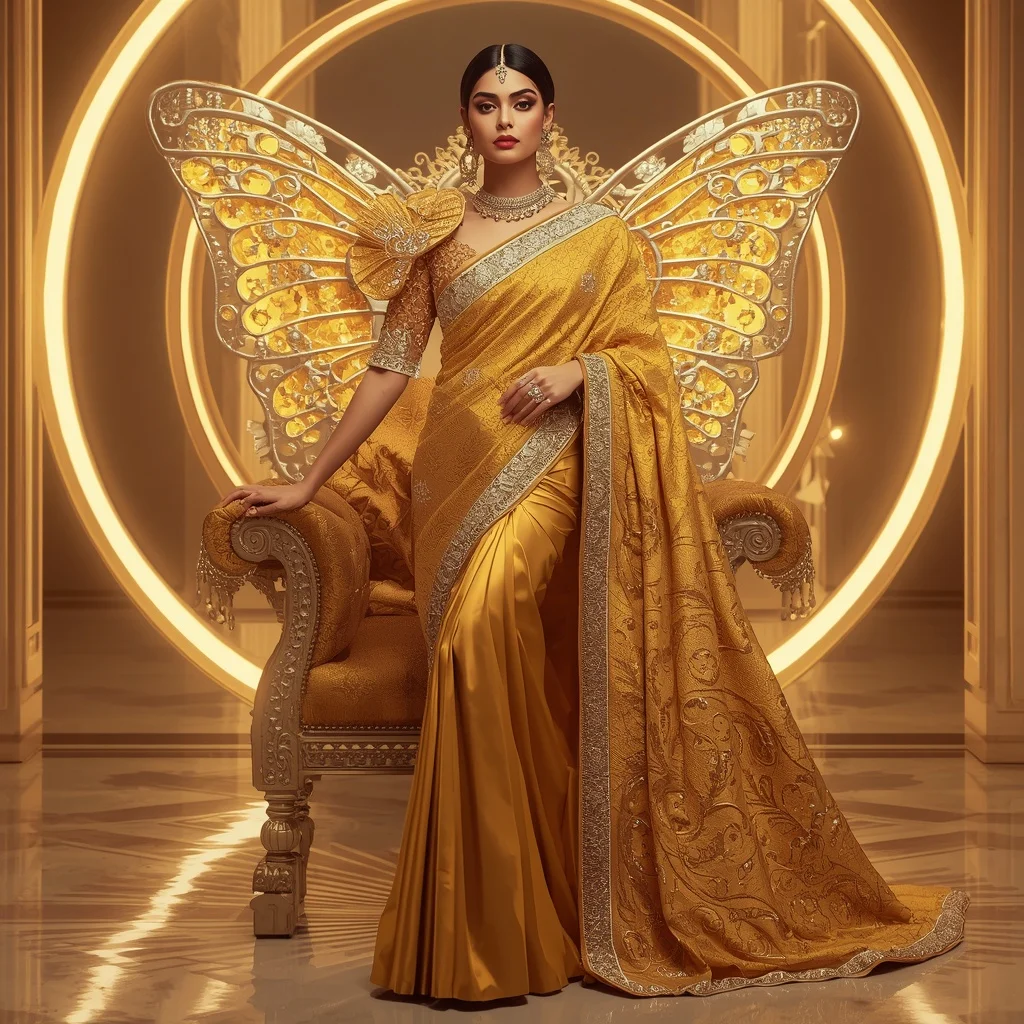 Golden Orbit Butterfly Saree – Heavy Royal Designer Saree with Throne Pose and Orbit Butterfly Temple Background | Ultra Realistic Ai Prompt