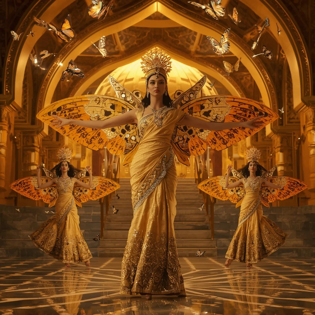 Golden Phoenix Butterfly Saree with Multi Pose Royal Sun Temple Background | Wedding Ai Prompt