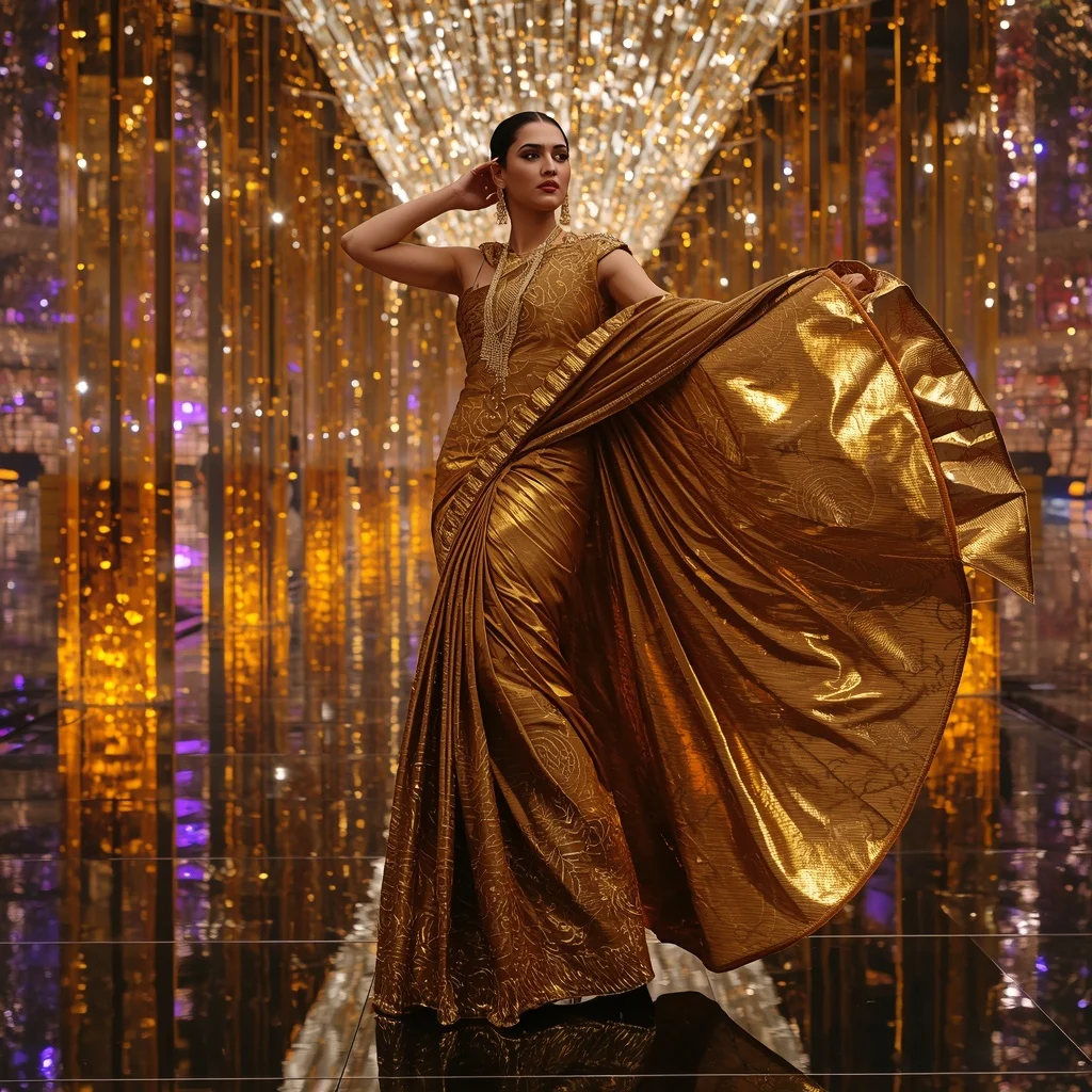 Golden Plasma Symphony Saree with Floating Crystal Orbit Reflection Infinity Corridor
