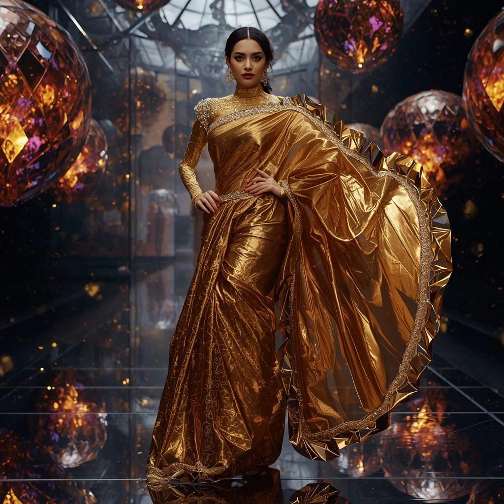 Golden Plasma Velocity Saree with Floating Crystal Orbit Reflection Galaxy Pavilion | Instagram Photography Ai Prompt