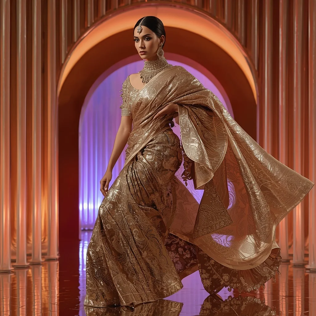 Golden Prism Tempest Saree with Solar Arc Sanctum and Velvet Beam Cascades | Creative Ai Prompt