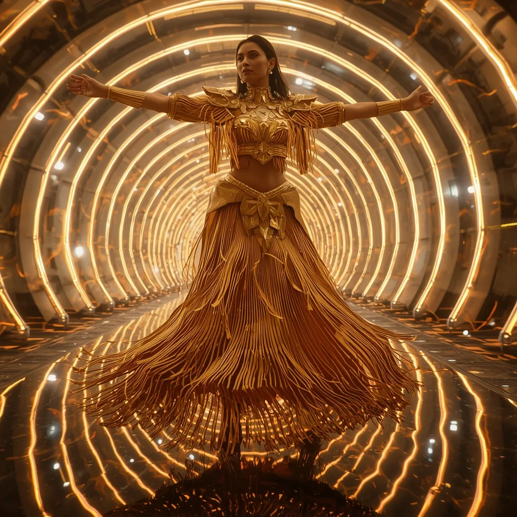 Golden Solar Flare Zenith Infinity Armor Saree with Neon Spiral Reactor Vault Energy Cathedral Core System | Prompt Seen Girl Photo Editing