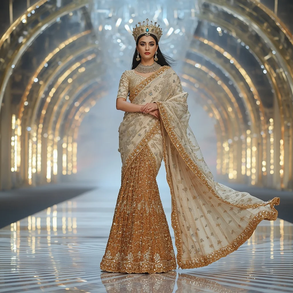 Golden Swan Empress Saree with Sky Crystal Crown Atrium | Ai Selfie Prompt