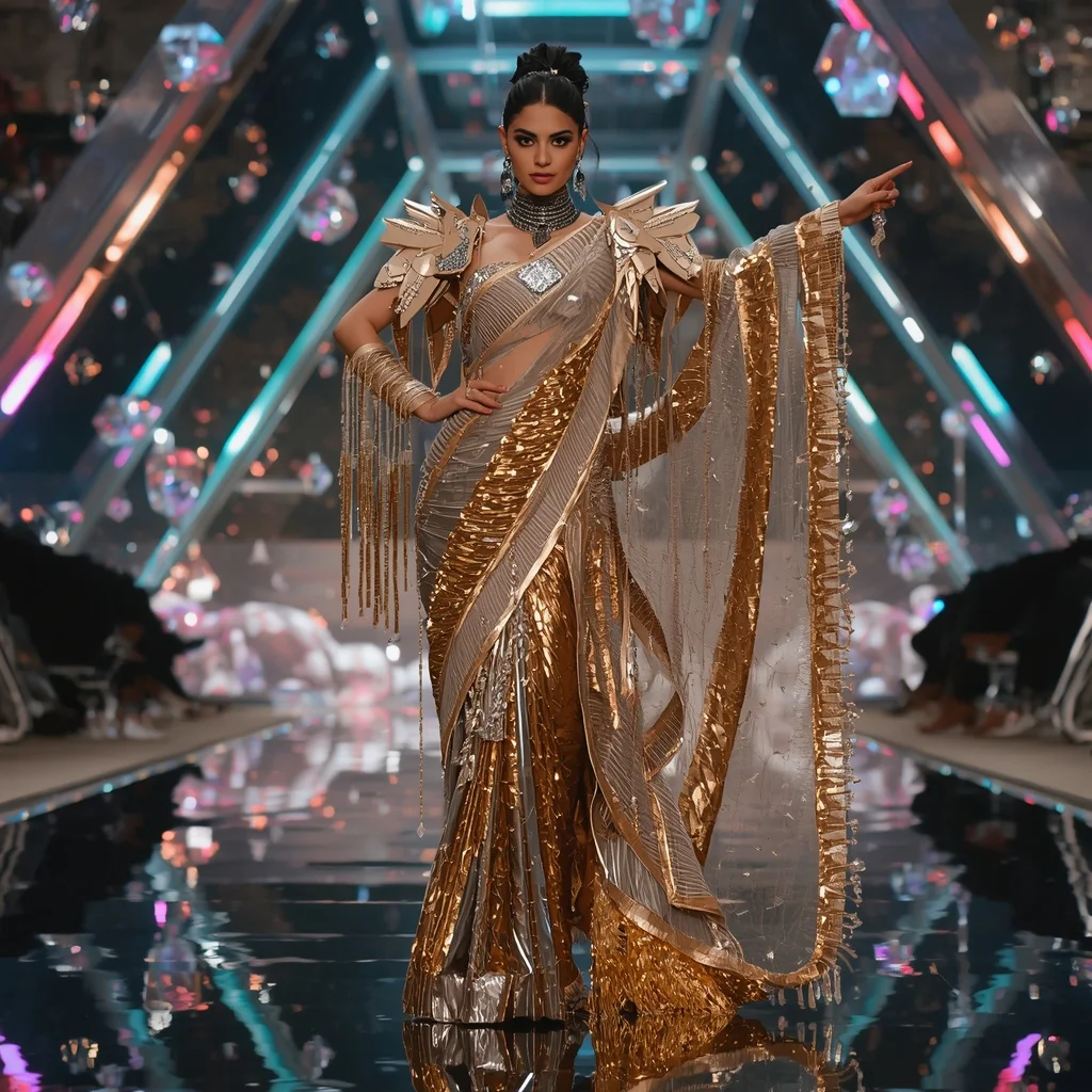 Golden Thunder Crystal Saree with Floating Prism Reflection Observatory | Prompt Seen Girl Photo Editing