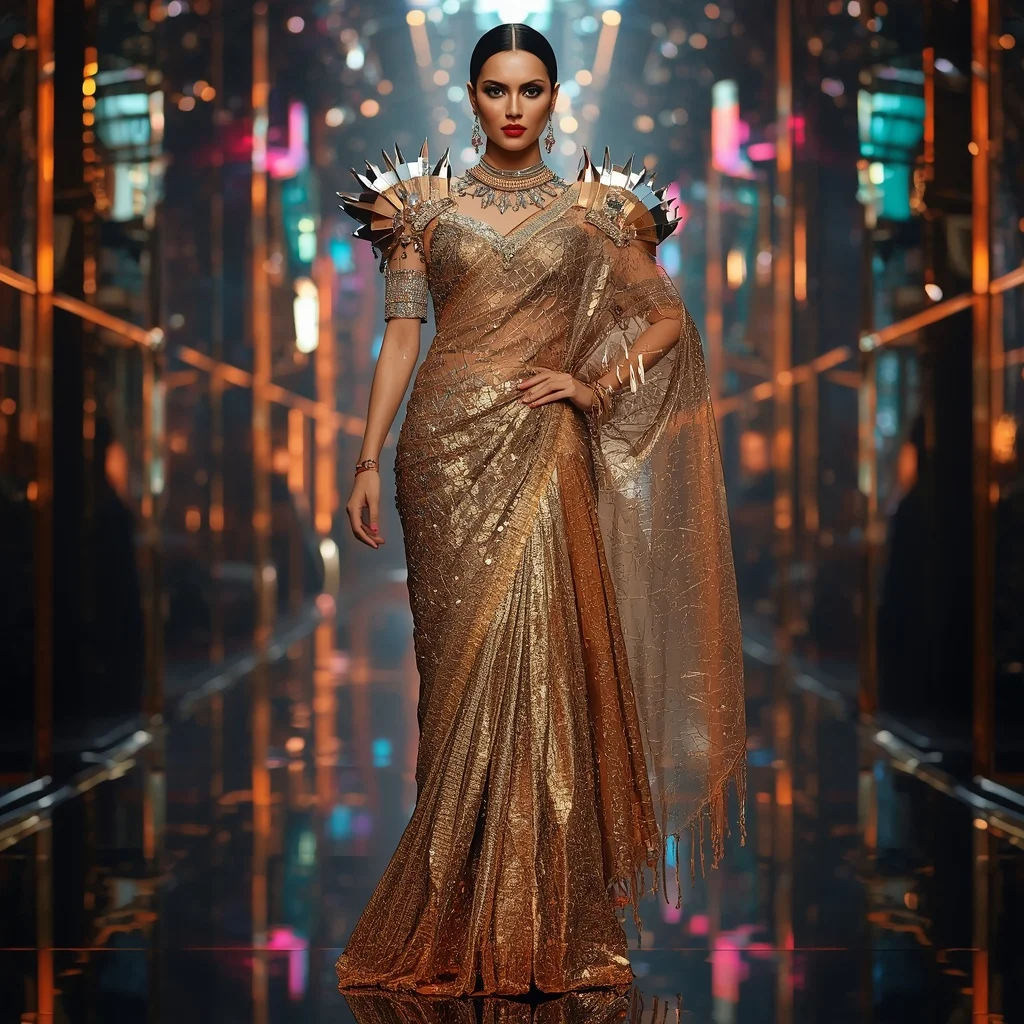 Golden Thunder Fantasy Saree with Floating Prism Reflection Hall | Prompt AI For Girl