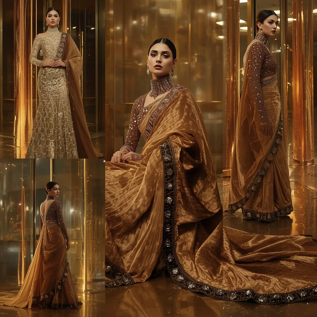 Golden Velvet Fantasy Saree with Neon Reflection Towers | Cute Ai Prompt