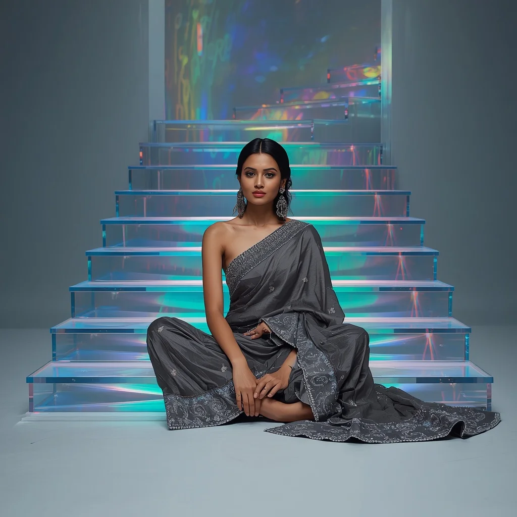 Gunmetal Fiber-Optic Saree – Cross-Legged Sit with Rainbow Prism Stairs | Prompt Trending Girl 2026