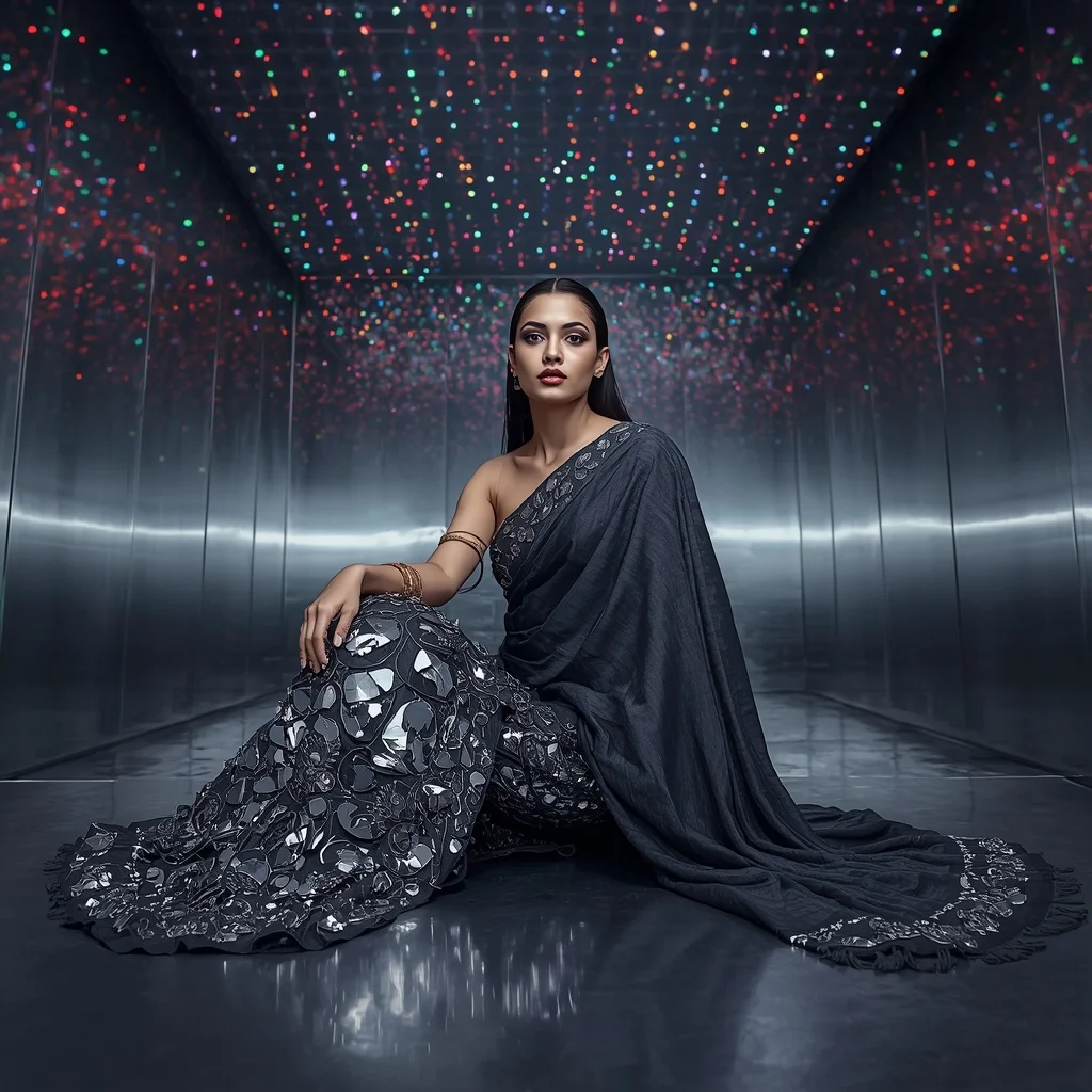 Gunmetal Grey and Silver Mirror-Mosaic Saree with Edgy Pose | Trending Prompts For Instagram For Girl