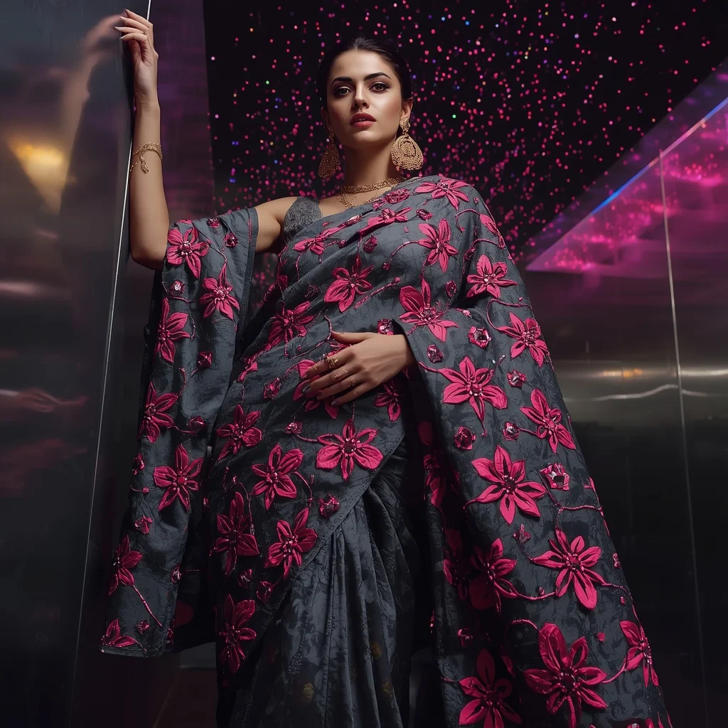 Gunmetal Grey Georgette Saree with Neon Pink Laser-Cut Applique | Image Prompt