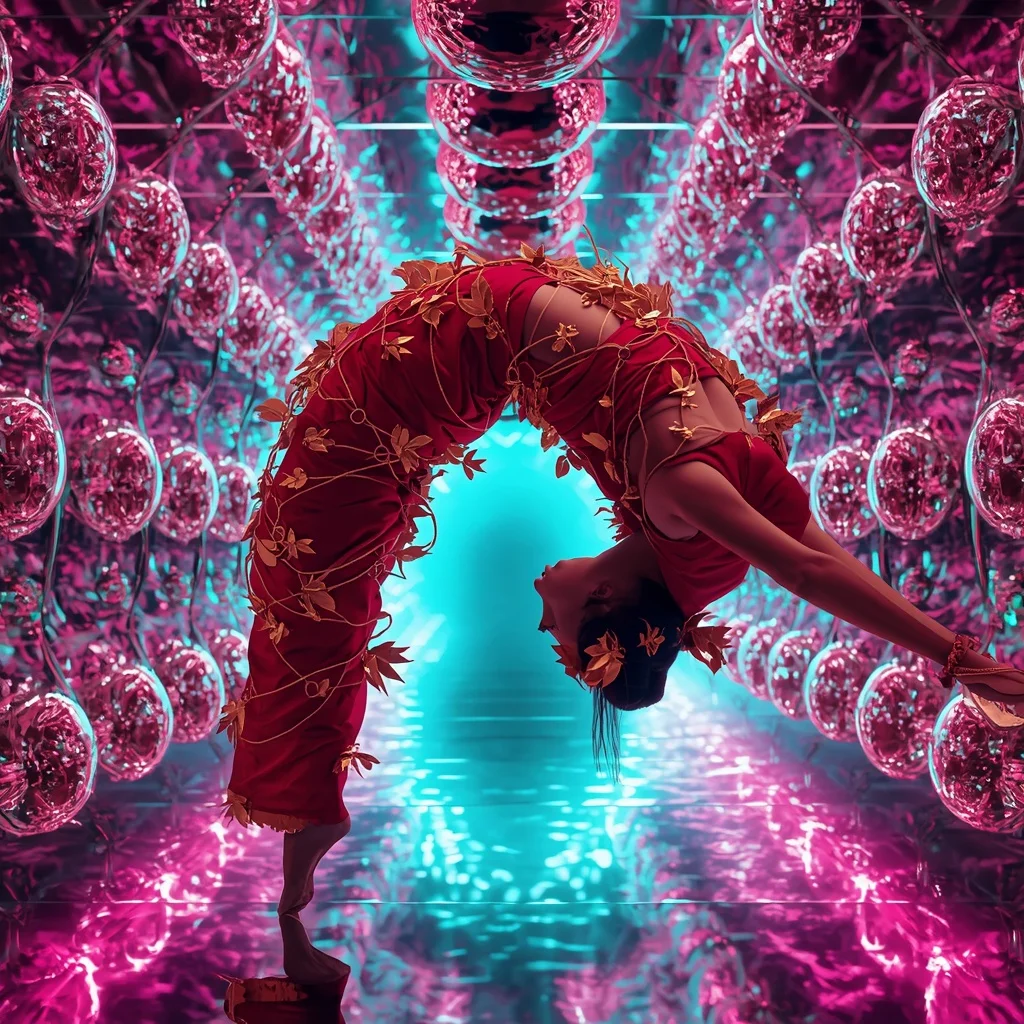 Heavy 3D Metallic Vine Armor & Crimson Silk Saree | Mid-Air Hovering Arch Pose | Glowing Neon Fractal Tunnels | Gemini Photo Prompt
