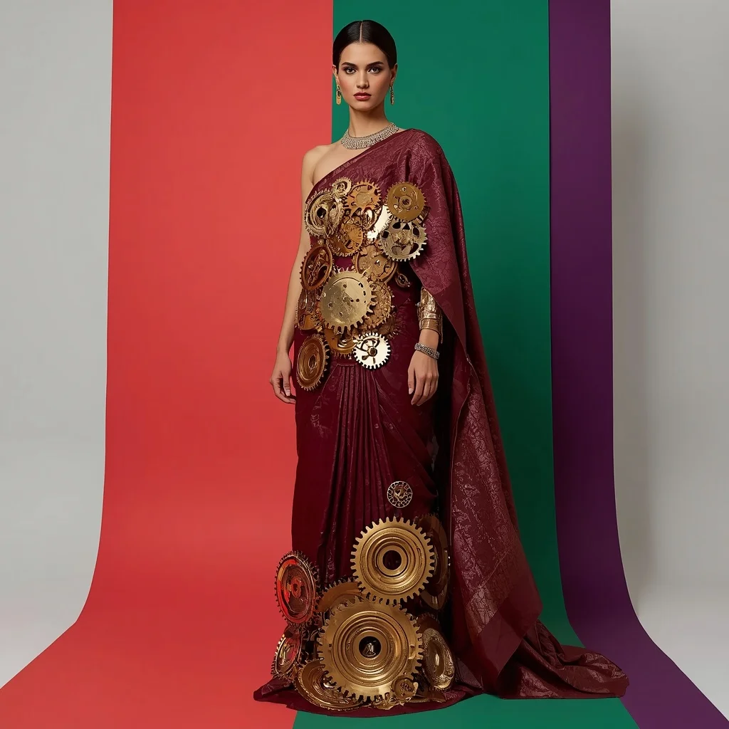 Heavy Laser-Cut Brass Gears Layered Over Maroon Leather Saree Pose | Saree Pose Ai Prompt