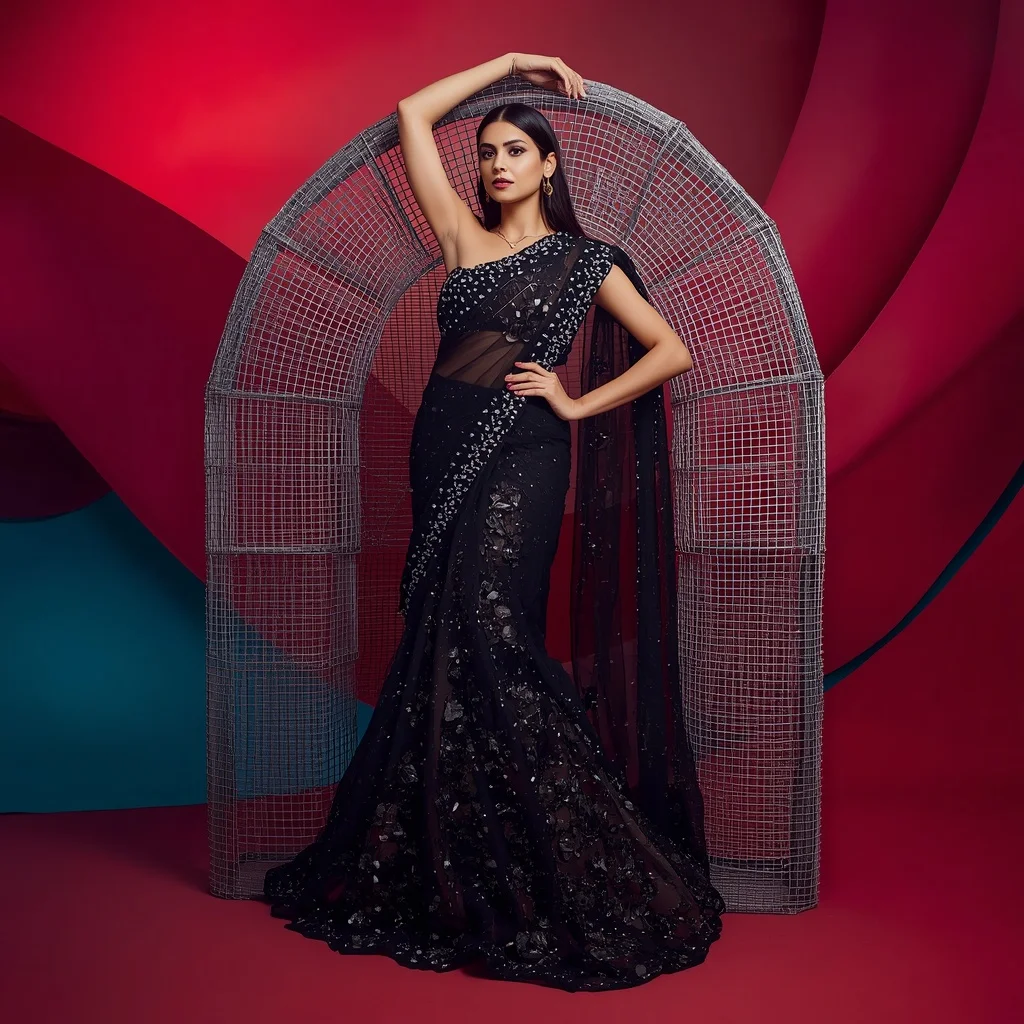 Heavy Obsidian Mirror And Silver Wire Mesh Designer Saree Concept | Instagram Highlight Cover Ai Prompt
