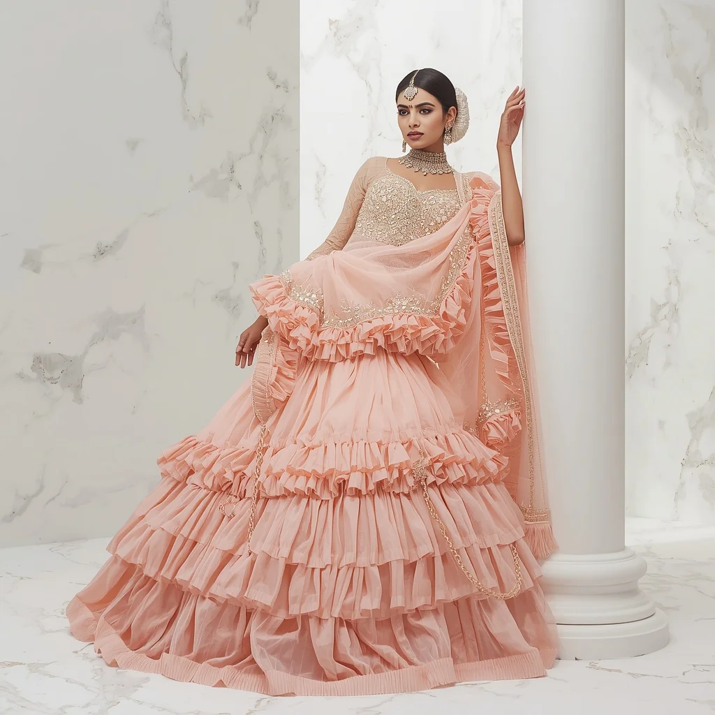 Heavy Pearl & Diamond Corset Ruffled Pink Saree | Power Leaning Pose Reels | Gemini Photo Prompt