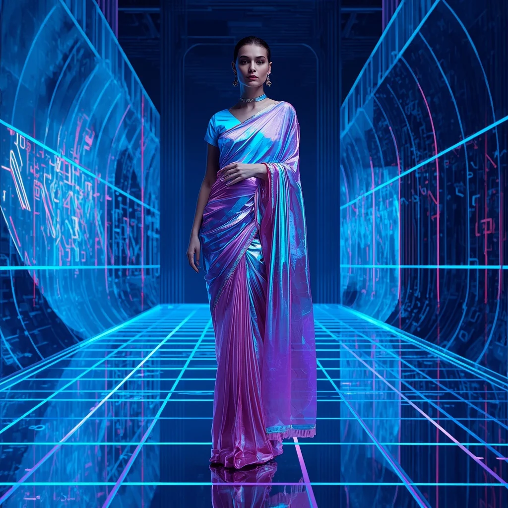 Hologram Plasma Silk Saree with Digital Dimension Split Field | Ai Prompt For Instagram