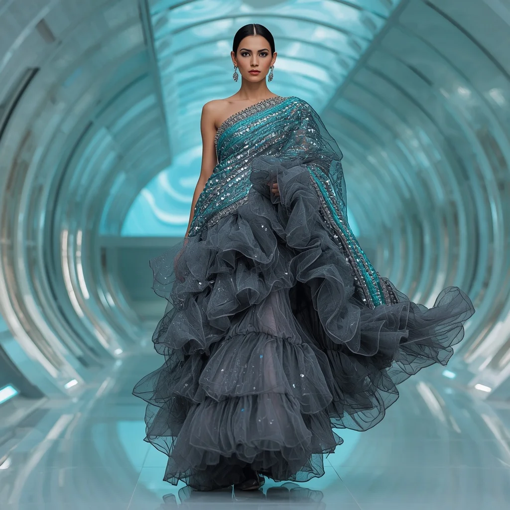 Holographic Aqua and Gunmetal Ruffle Saree with Wave-Light Atrium | Cute Ai Prompt