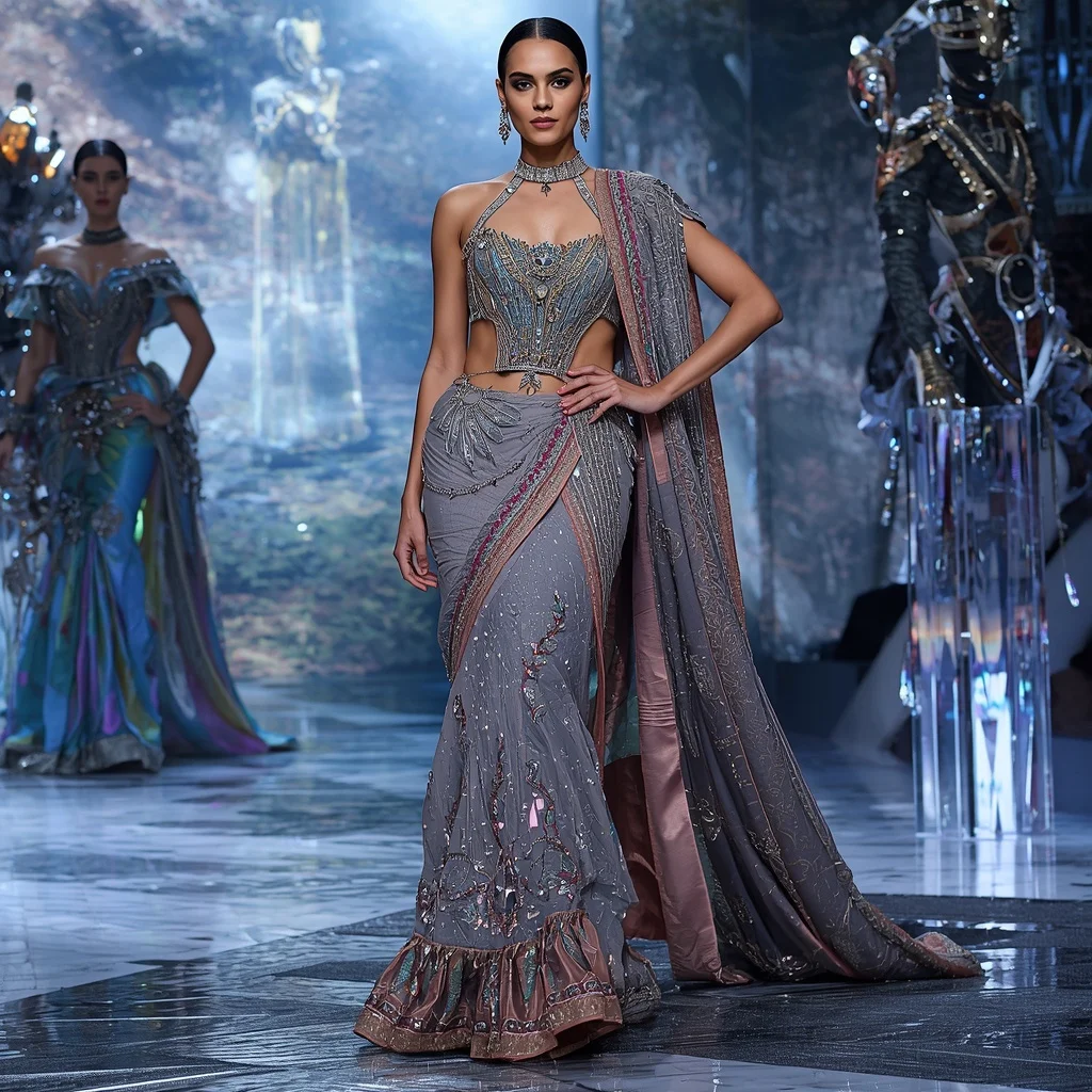 Holographic Diamond Royale Saree with Infinity Prism Reflection Observatory | Bridal Ai Prompt