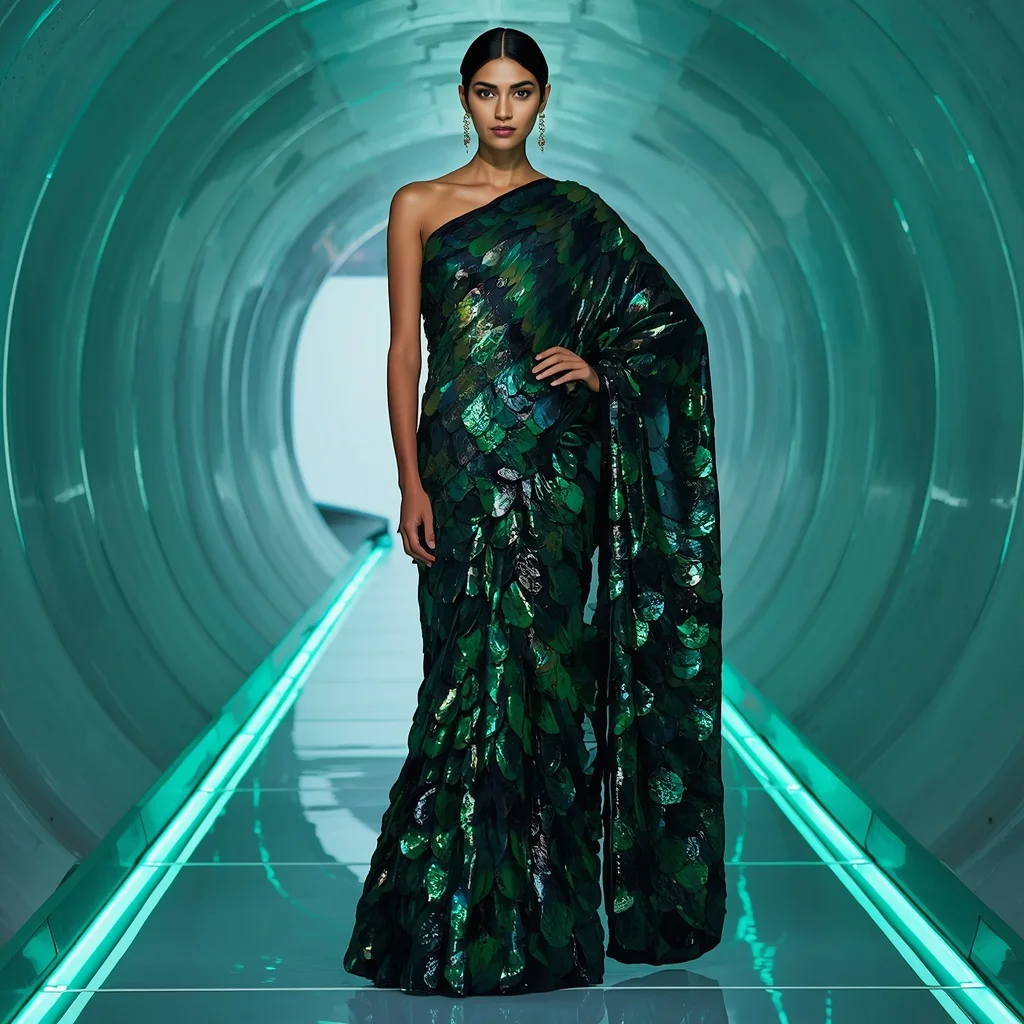 Holographic Emerald and Obsidian Glass-Scale Saree with Biometric LED Tunnel | Girl Prompt