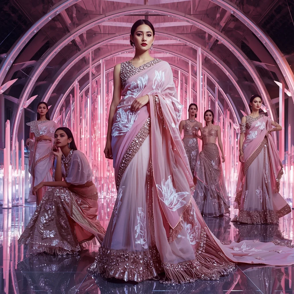 Holographic Lotus Flame Saree with Infinity Bloom Crystal Cathedral | New Instagram Trend Prompt For Girl Love Copy And Paste