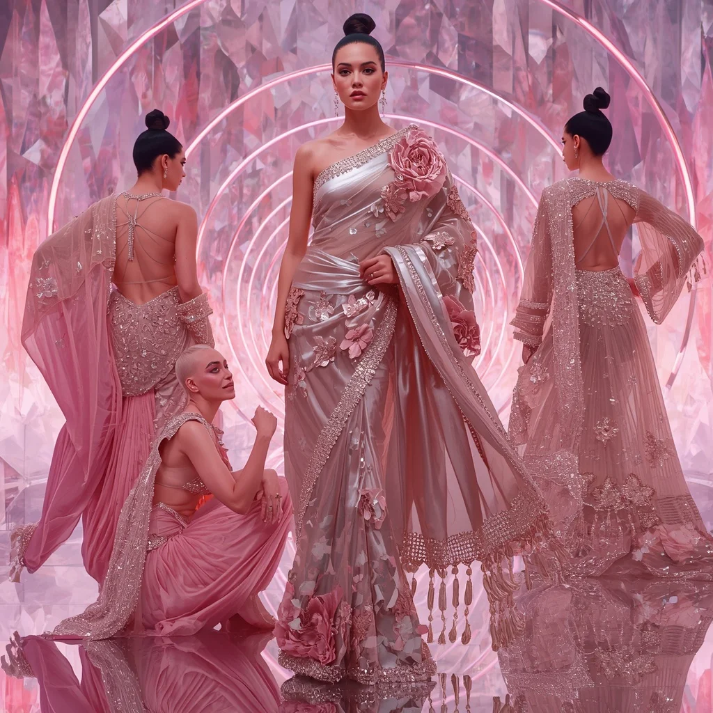 Holographic Lotus Flame Saree with Infinity Bloom Crystal Sanctuary | Gemini Photo Editing Prompt