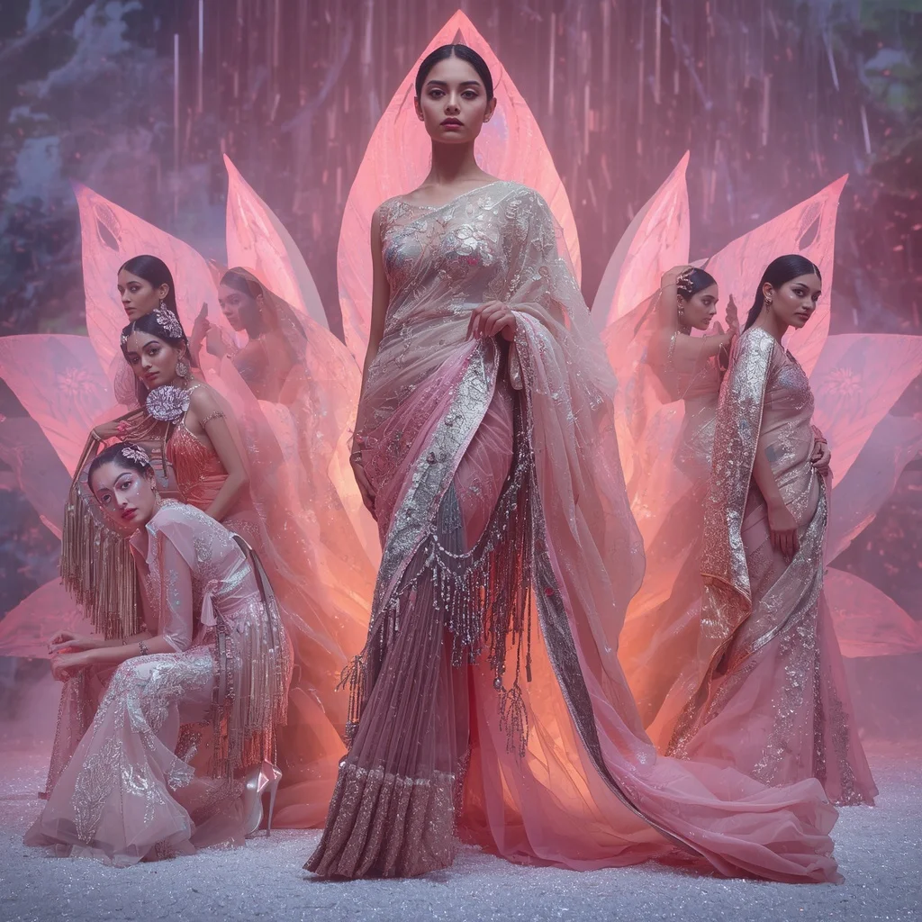 Holographic Lotus Flame Saree with Infinity Bloom Crystal Temple | Gemini Ai Prompt