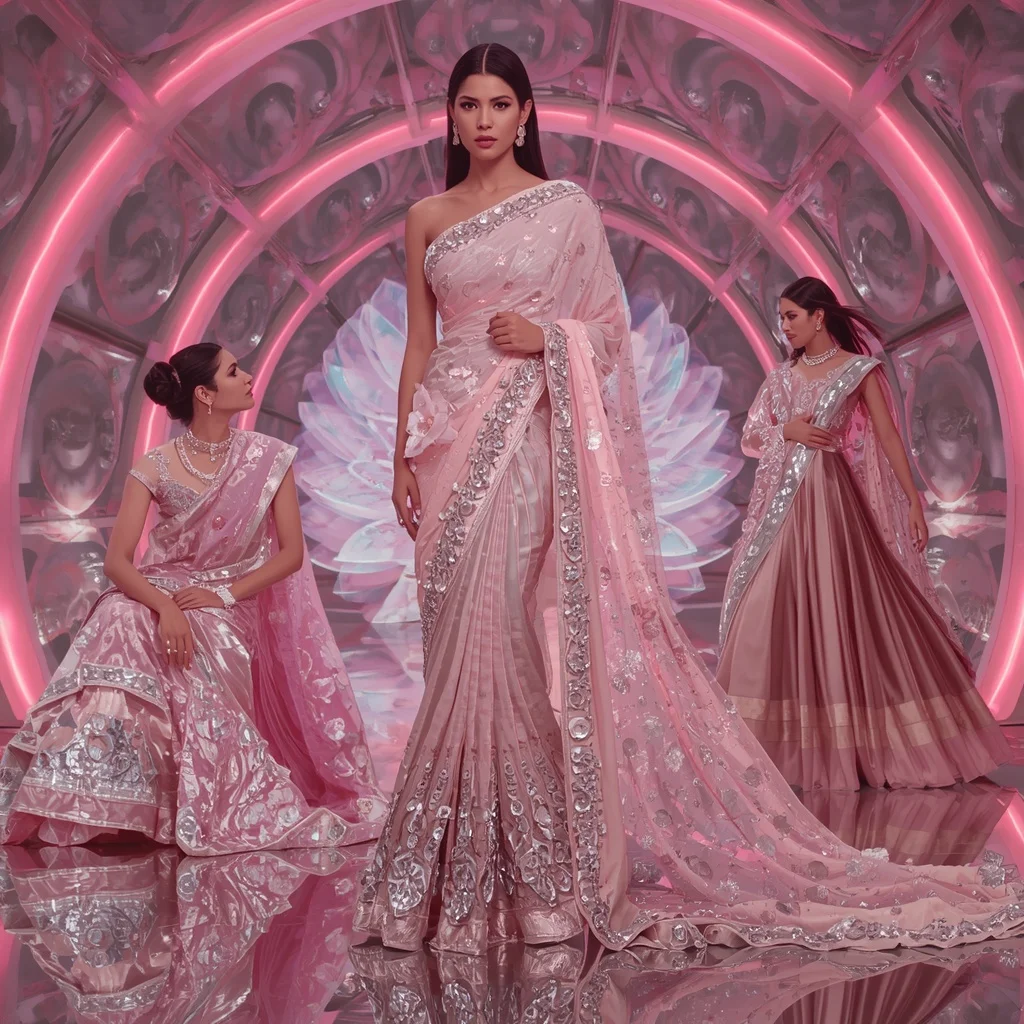 Holographic Lotus Flame Saree with Infinity Bloom Sanctuary | Photo Prompt