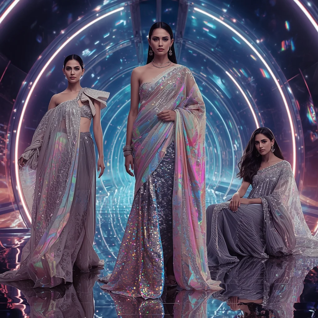 Holographic Royal Mirage Saree with Celestial Neon Dome Pavilion | Ai Prompt For Social Media
