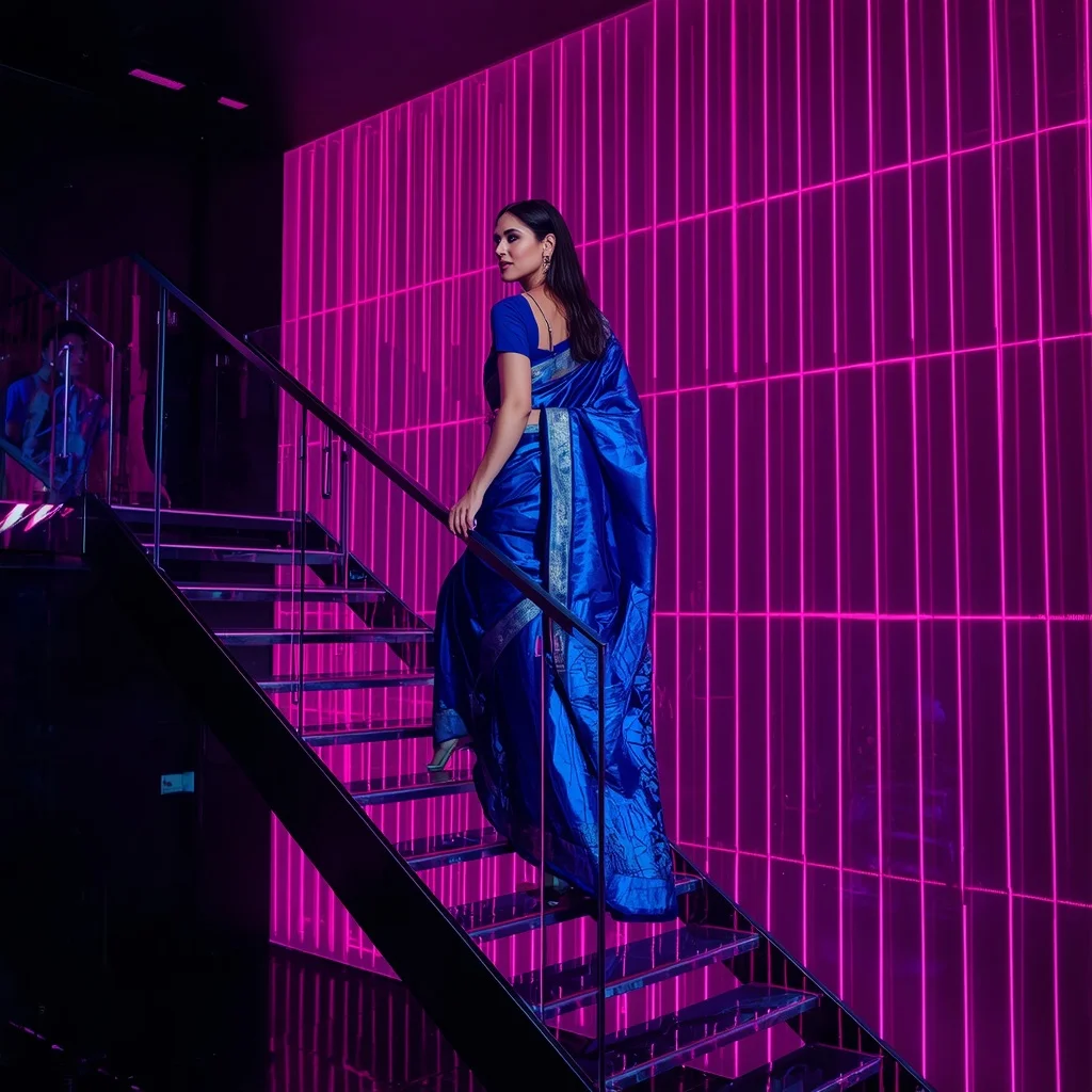 Holographic Sapphire Saree – Descending Glass Stairs with Magenta Laser Grid | Prompt For Gemini AI Girl Trending