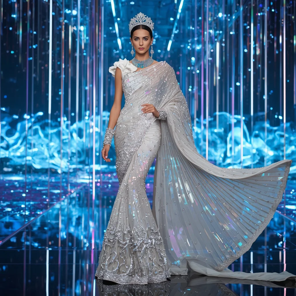 Holographic Shell Crown Saree with Ocean Prism Architecture and Floating Light Waves | New Design Ai Prompt