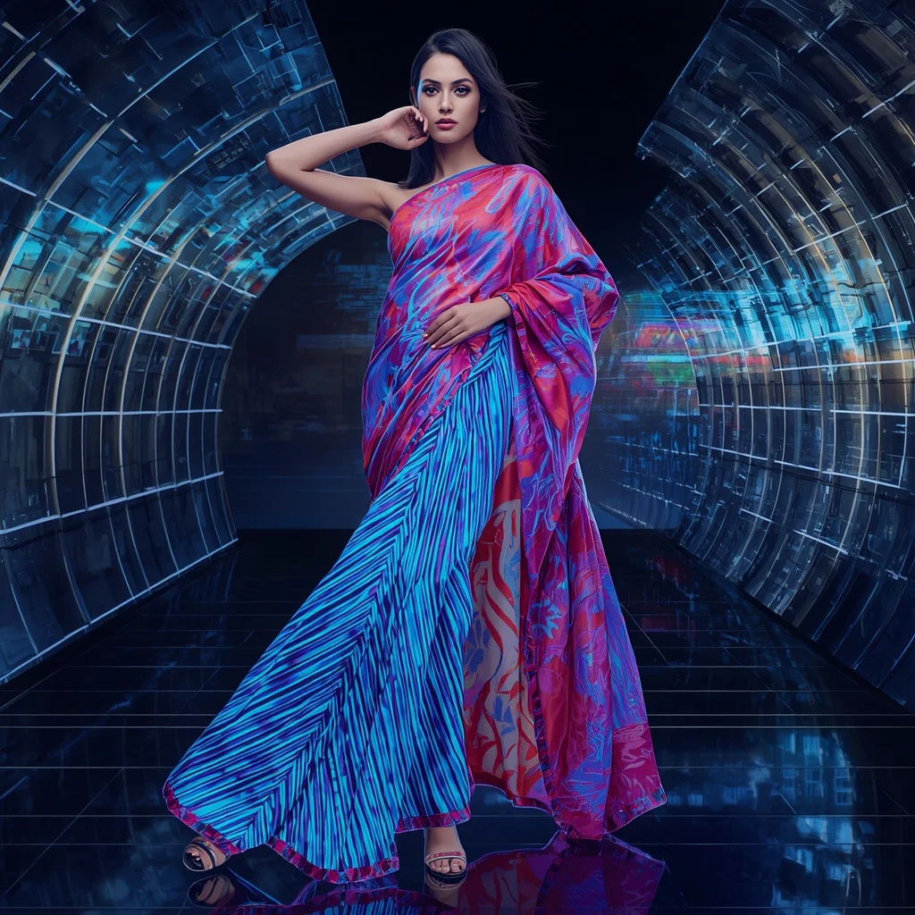 Holographic Silk Rift Saree with Digital Dimension Split Field | Creative Ai Prompt