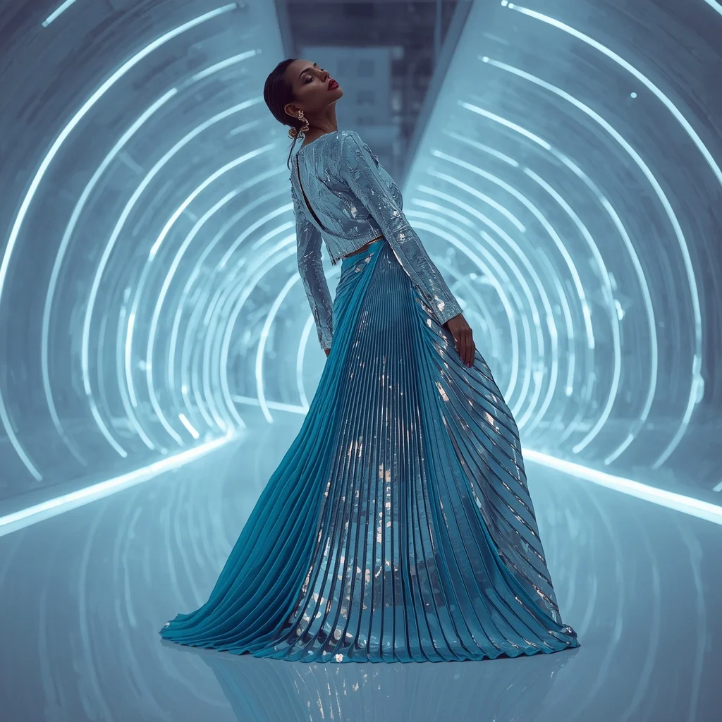 Holographic Silver and Electric Cyan Saree in Digital Atrium | Korean Ai Prompt
