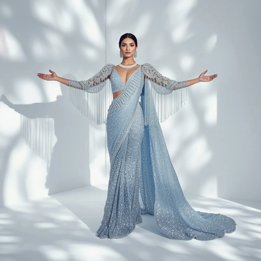 Ice Blue Heavy Threadwork Saree with Cascading Crystal Cape | Gemini AI Photo Prompt Copy Paste Trending Girl 2026