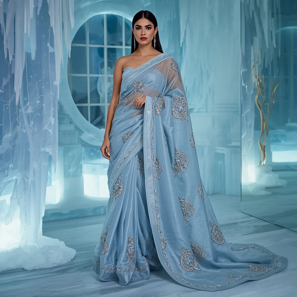 Ice Mirror Frost Nova Eclipse Saree – Modern Glam Saree with Window Glow Pose and Frost Nova Eclipse Lounge Background | South Indian Prompt For Gemini Girl Instagram