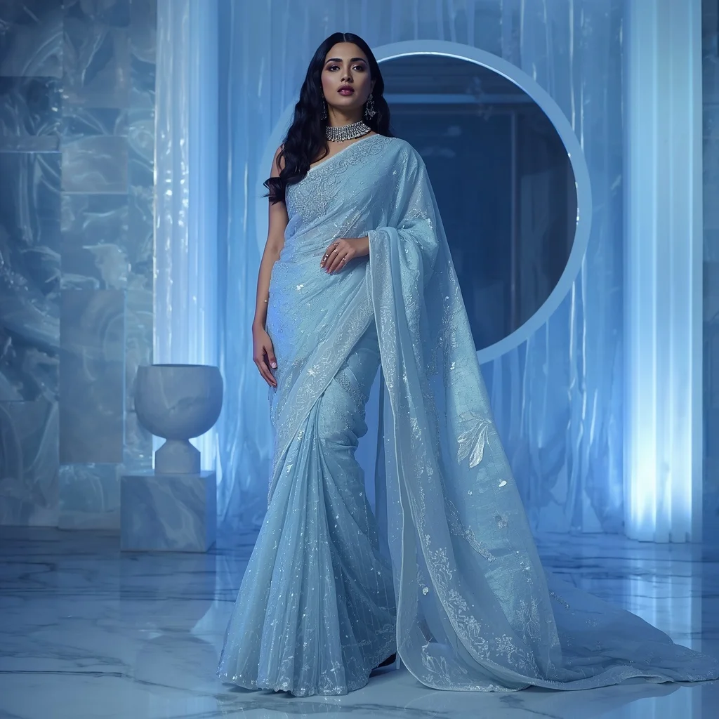 Ice Mirror Frostnova Eclipse Saree – Modern Glam Saree with Window Glow Pose and Frostnova Eclipse Lounge Background | Gemini Ai Photo Prompt