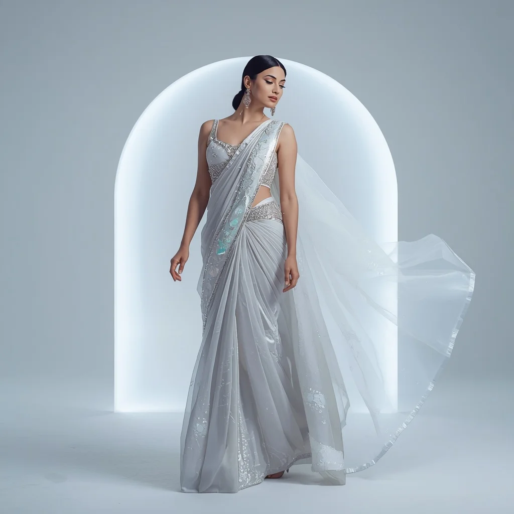 Ice Moon Nebula Driftveil Saree – Elegant Designer Saree with Soft Hover Pose and Nebula Drift Dome Background | Prompt Seen Trending Girl Instagram