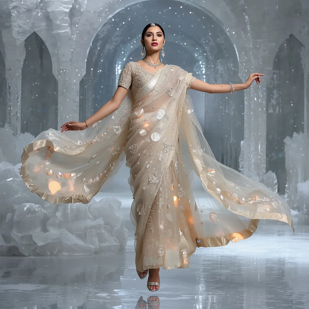 Ice Pearl Eclipse Saree – Luxury Glam Saree with Floating Pose and Frozen Eclipse Crystal Hall Background | Prompt Seen Girl Lehenga