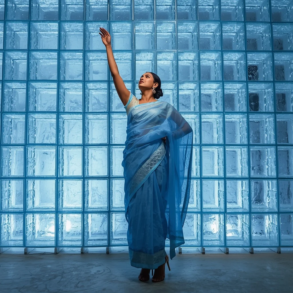 Icy Blue Organza Saree – Tip-Toe Upward Reach with Frosted Glass Blocks | Ai Video Generator Prompt