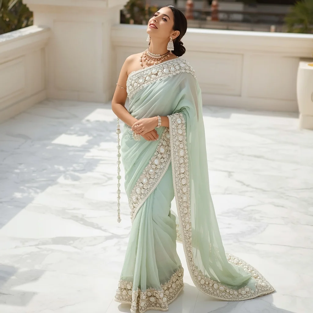 Icy Mint Heavy Macrame & Pearl Border Saree | Looking Up at Sky Pose | Prompt For Gemini AI Girl Model