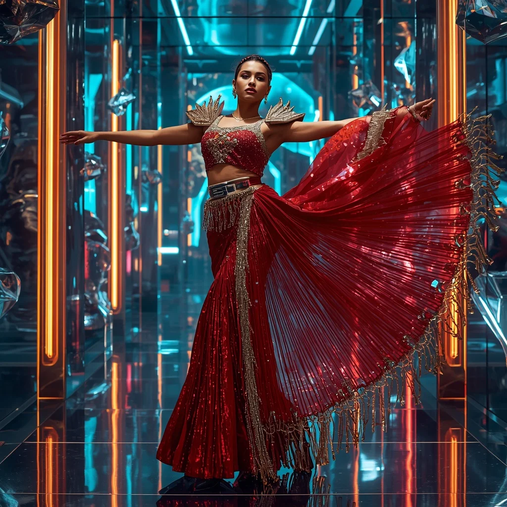 Inferno Aurora Maharani Saree with Floating Neon Crystal Gates | Gemini Ai Prompt