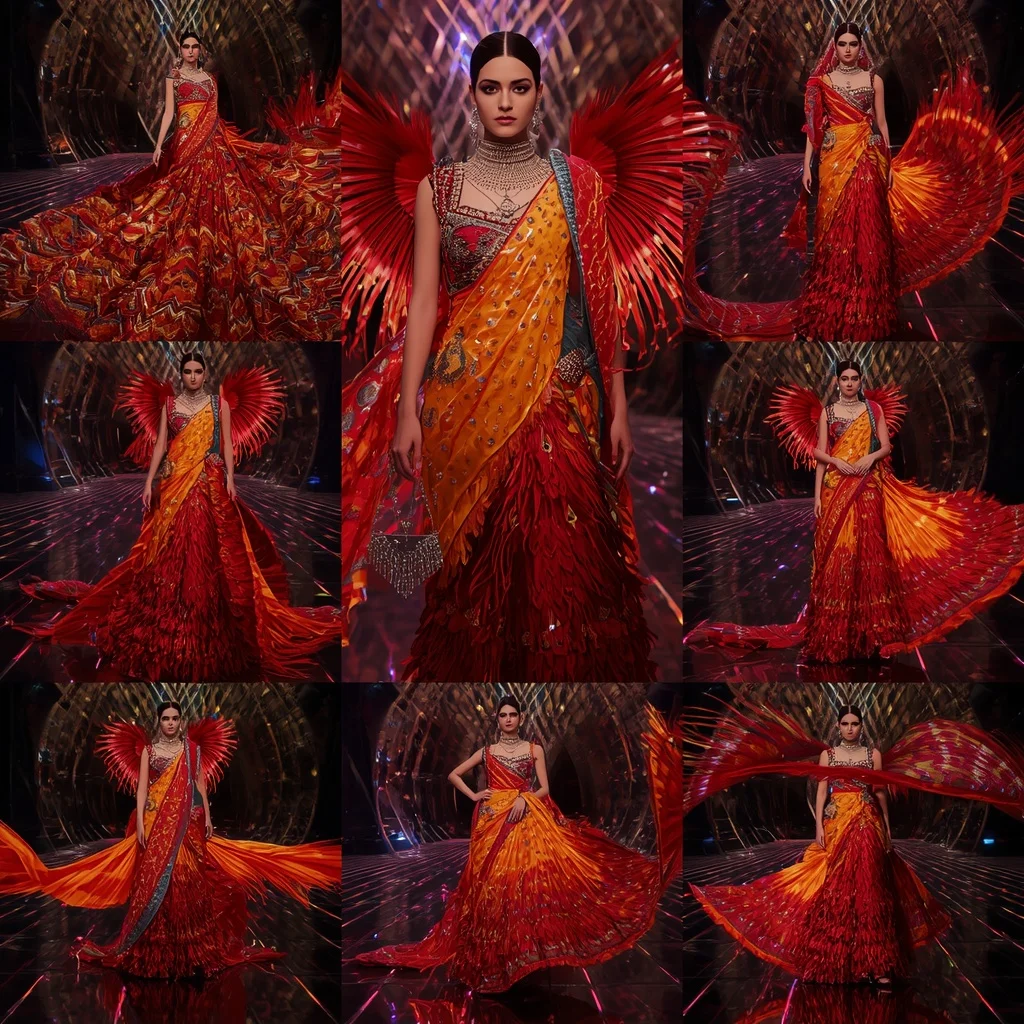 Inferno Peacock Royale Saree with Floating Infinity Neon Temple | Prompt Seen Girl Lehenga