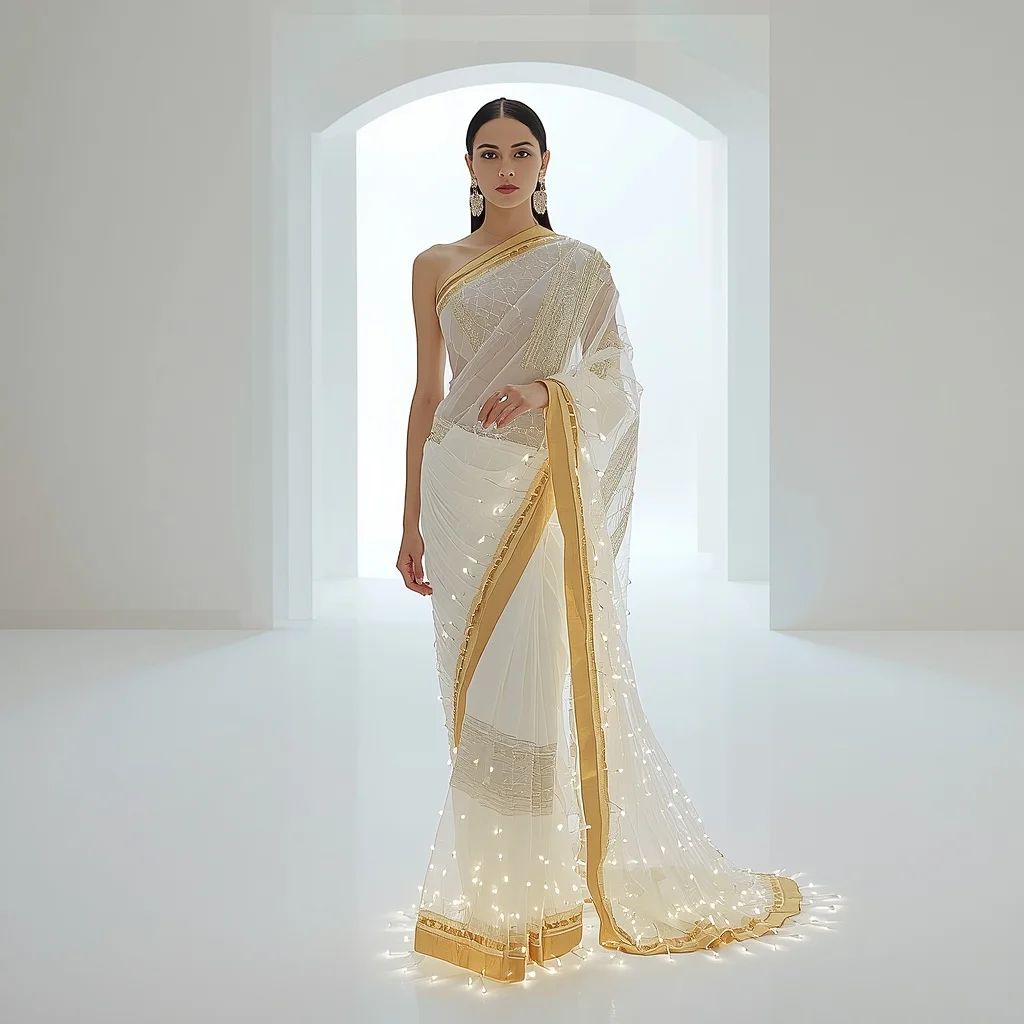 Infinite Void Light Weave Saree with Zero Horizon Hall | Ai Image Generator Prompt