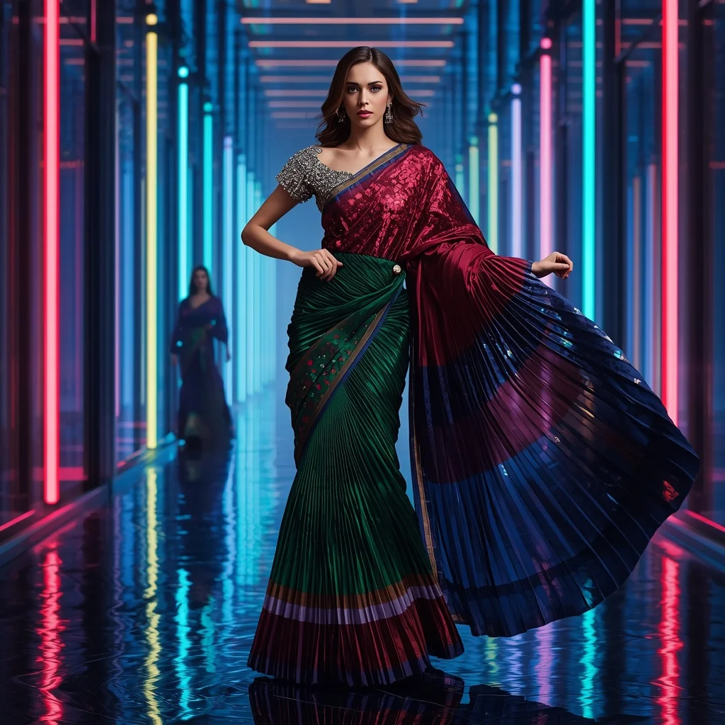 Infinity Royale Celestial Eclipse Saree with Dynamic Neon Skyline Galaxies | Banana Prompts Girls