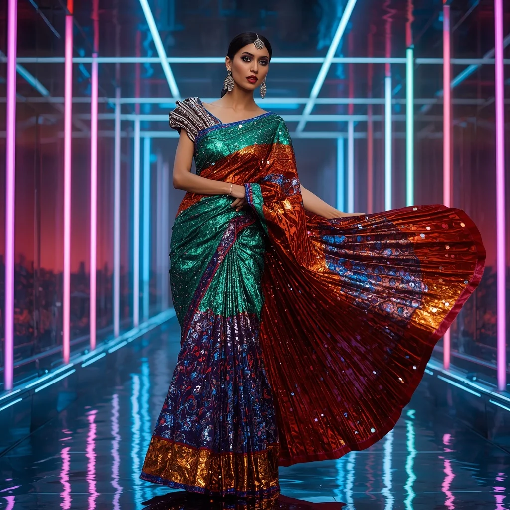 Infinity Royale Celestial Mirage Saree with Dynamic Neon Skyline Dimensions | Makeup Ai Prompt