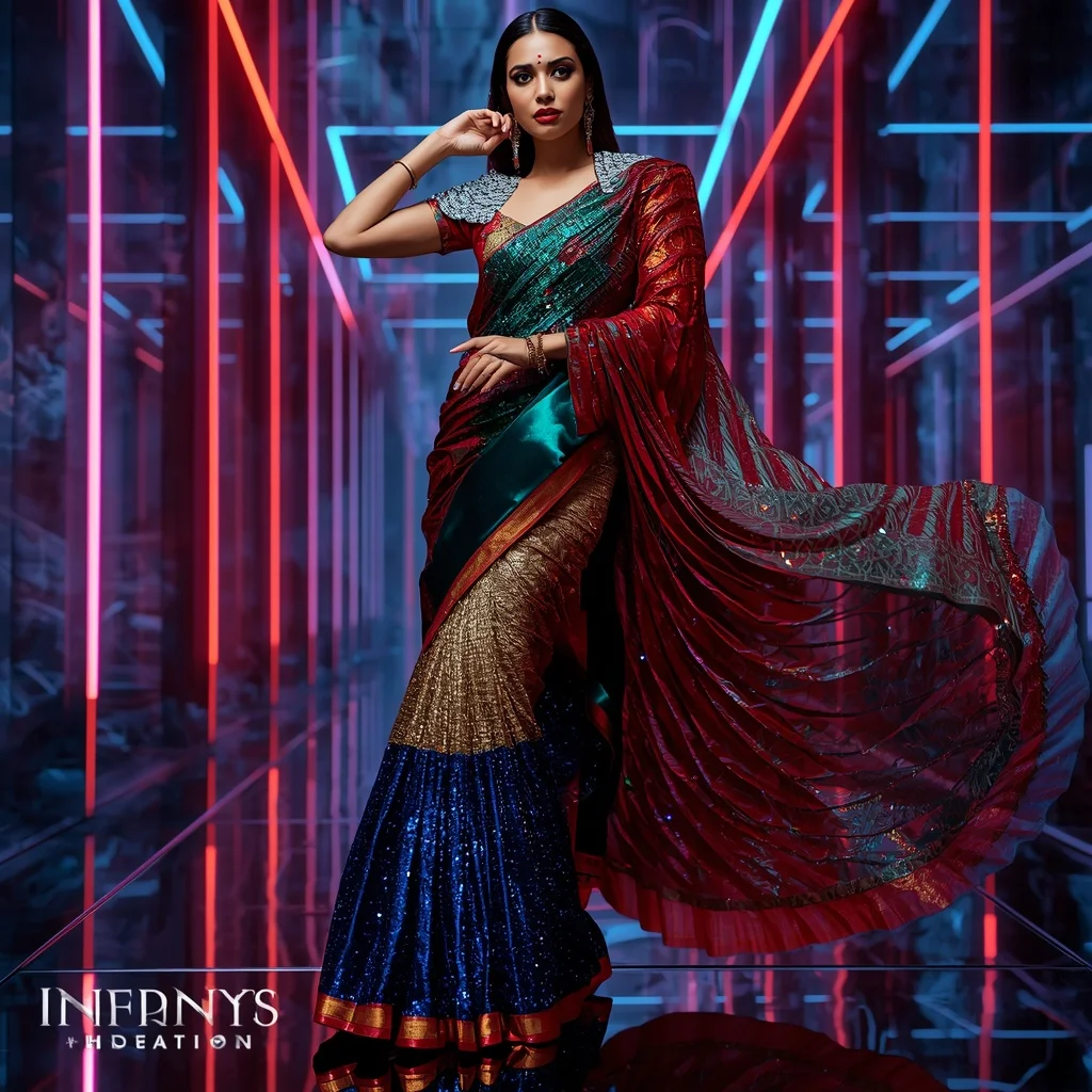 Infinity Royale Celestial Mirage Saree with Dynamic Neon Skyline Universes | Instagram Profile Pic Ai Prompt