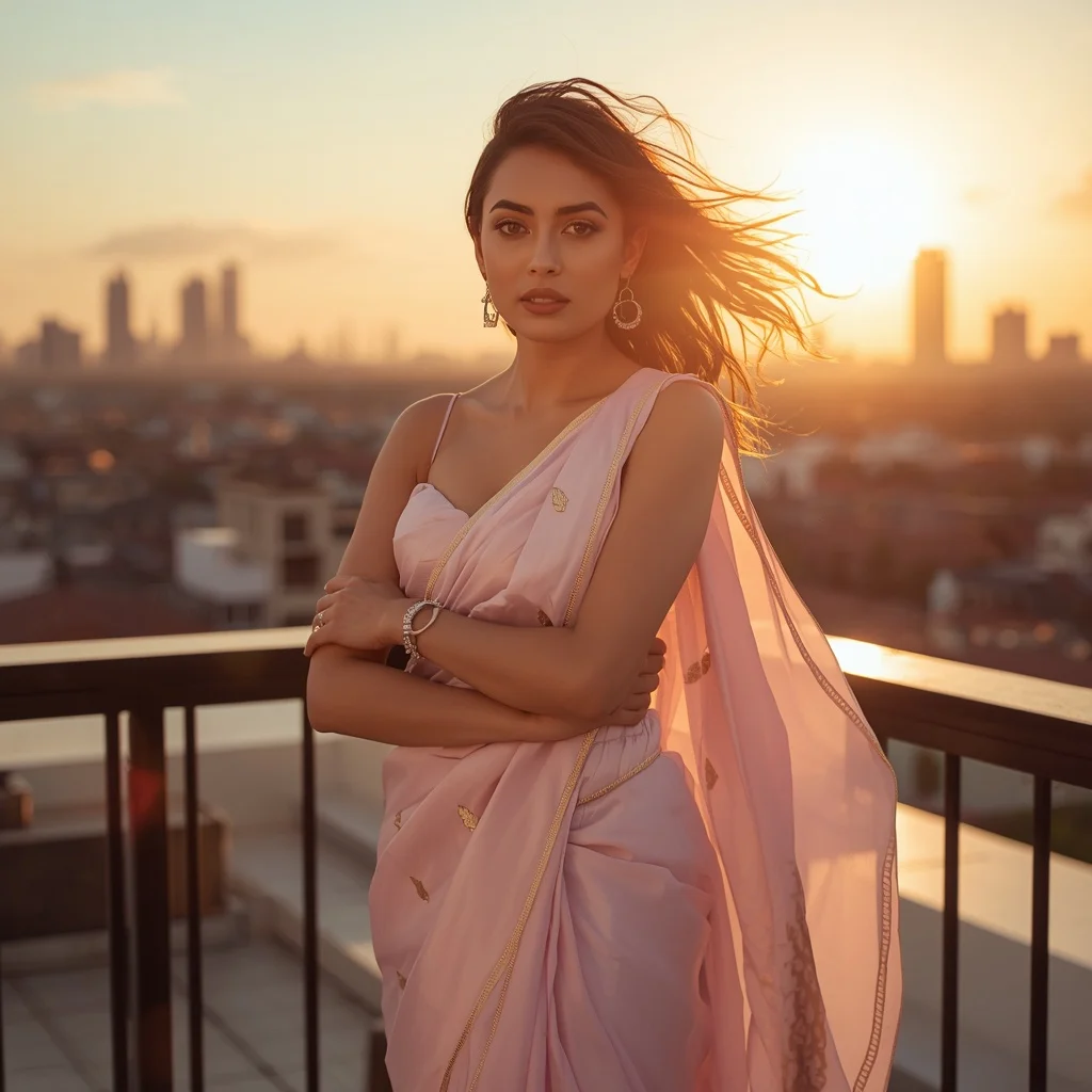 Instagram Influencer Luxury Saree Rooftop Sunset Pose Viral Fashion Aesthetic Shoot | Gemini Photo Prompt