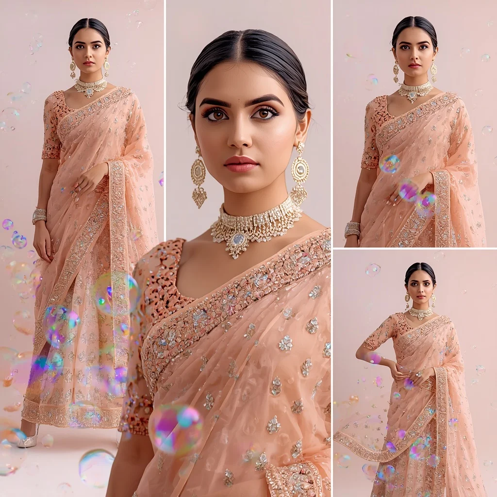 Iridescent Bubbles With Complex Designer Festive Fancy Saree | Fitness Model Ai Prompt