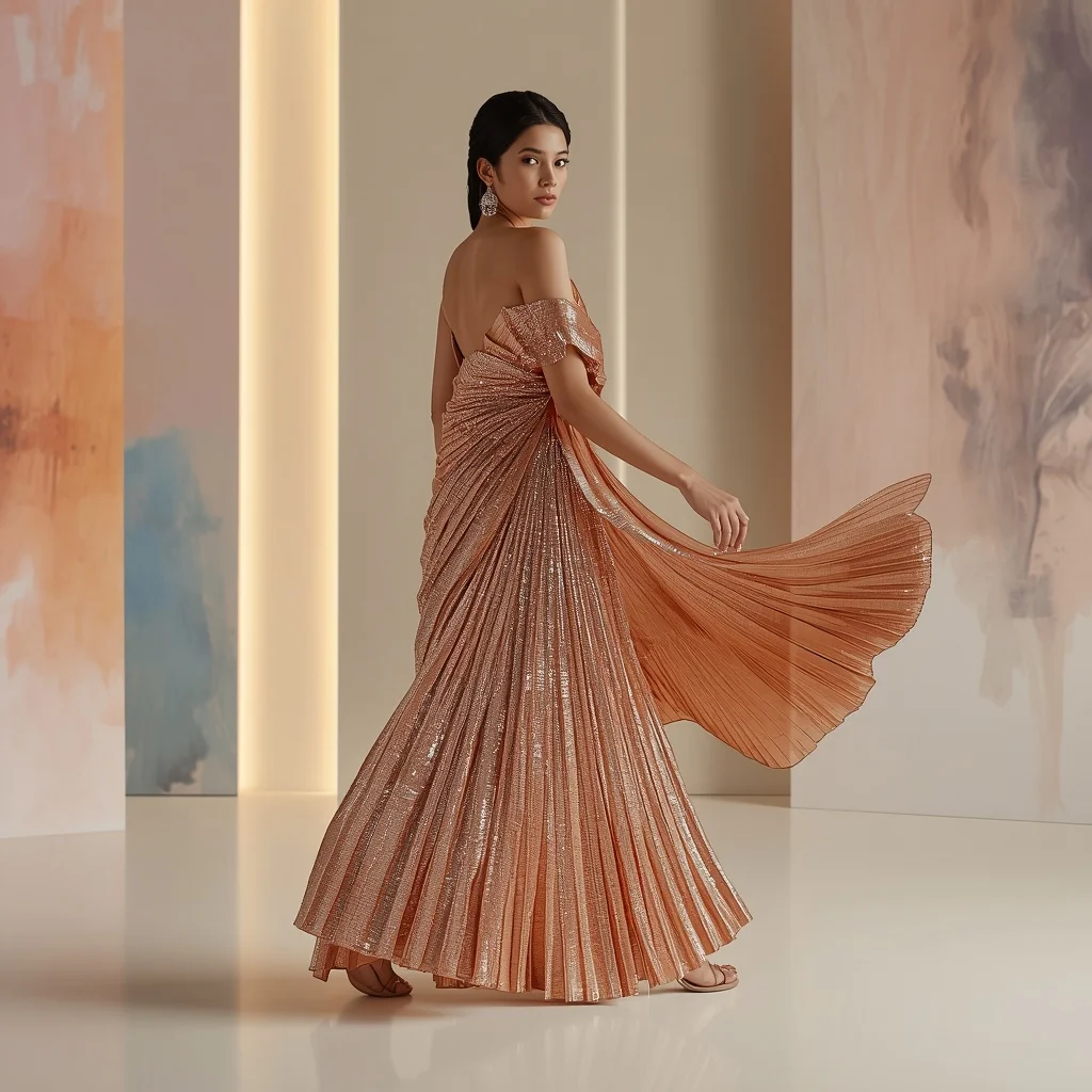 Iridescent Copper Pleated Saree for modern festive look | Makeup Ai Prompt