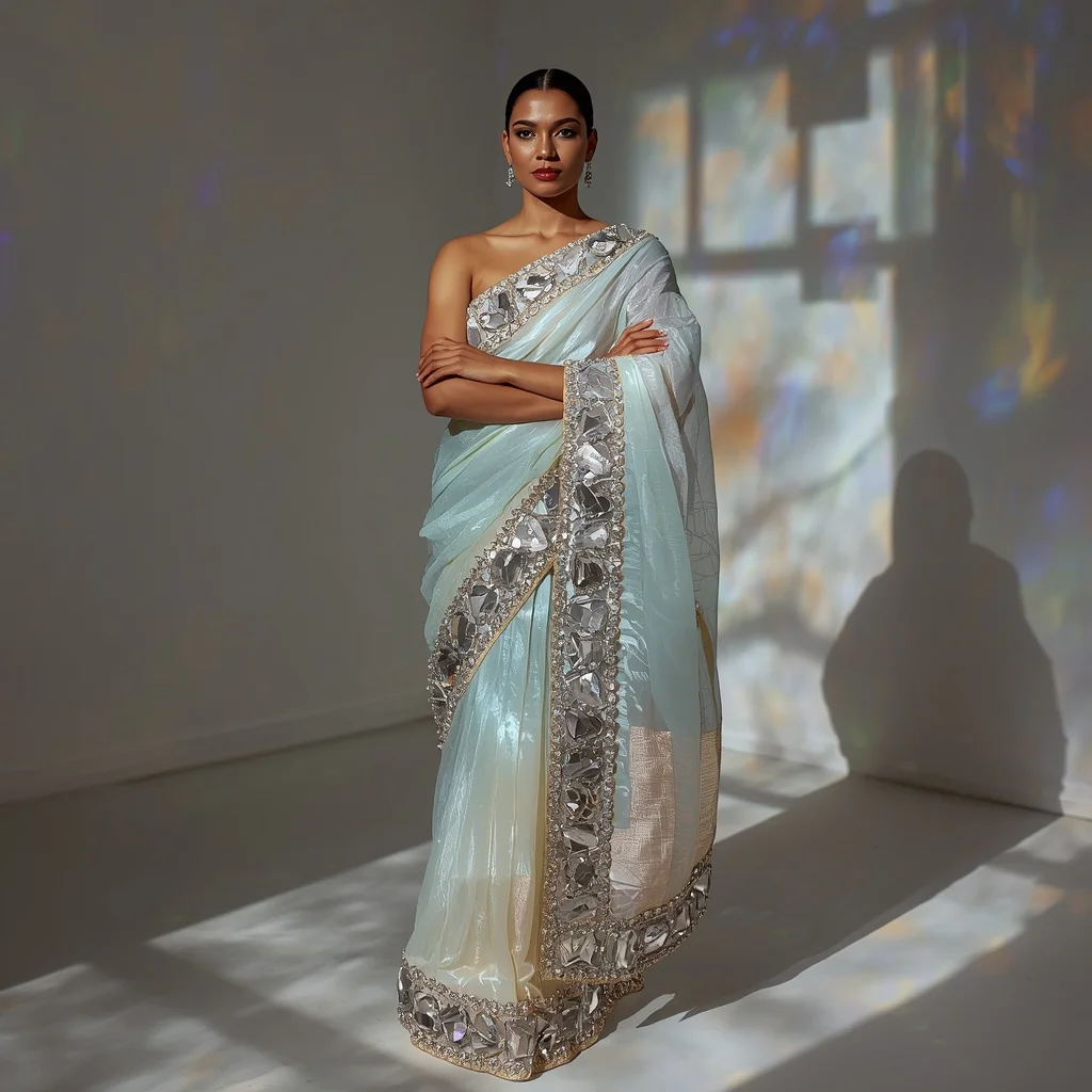 Iridescent Opal Organza Saree with Massive Glass-Cut Beads | Ai Gemini Prompt